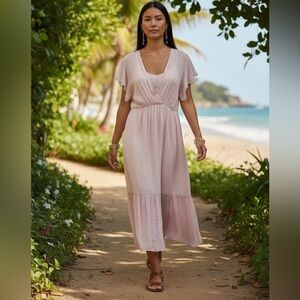 Lara Guidotti silk blend tiered blush maxi dress faux wrap bodice ethereal M